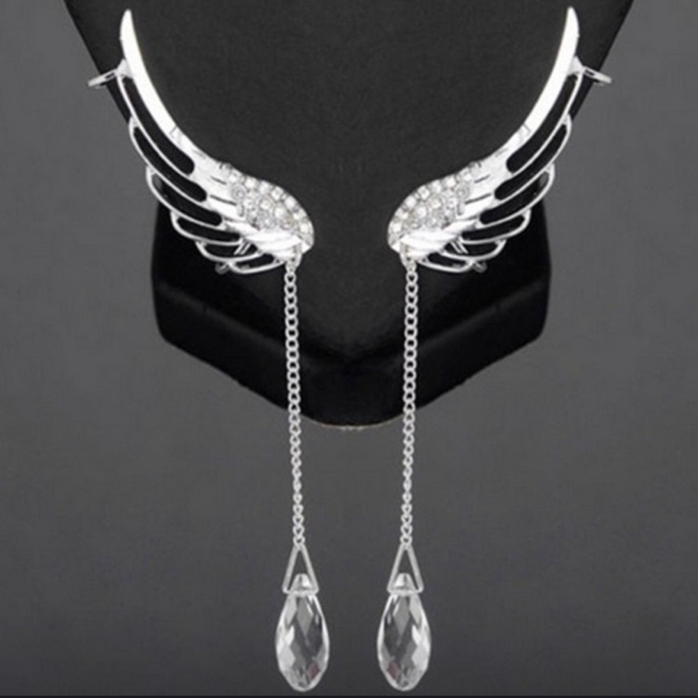 925 Silver Boho Angel Wing Crystal Drop Earrings